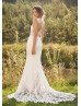 Ivory Lace Crepe Boho Wedding Dress With Illusion Train